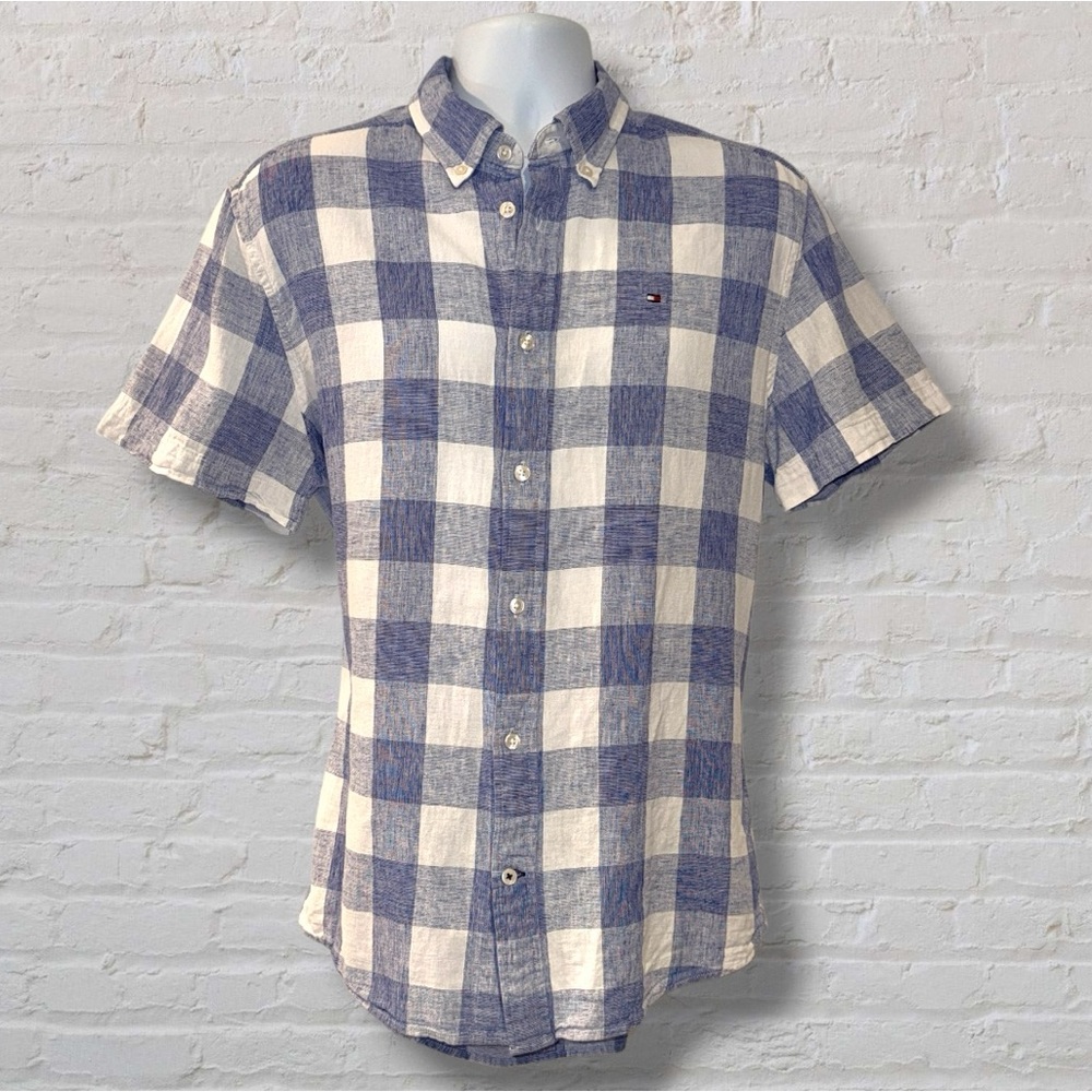 Tommy Hilfiger Linen Cotton Short Sleeve Button Down Shirt Blue Plaid Large